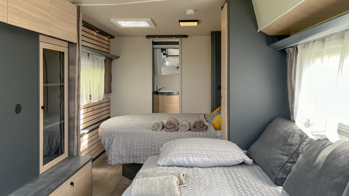 Double bed inside the Firefly Caravan